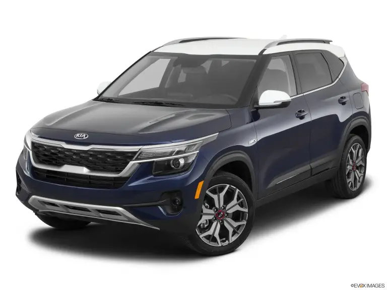 Kia Seltos S 2021 azul con fondo blanco